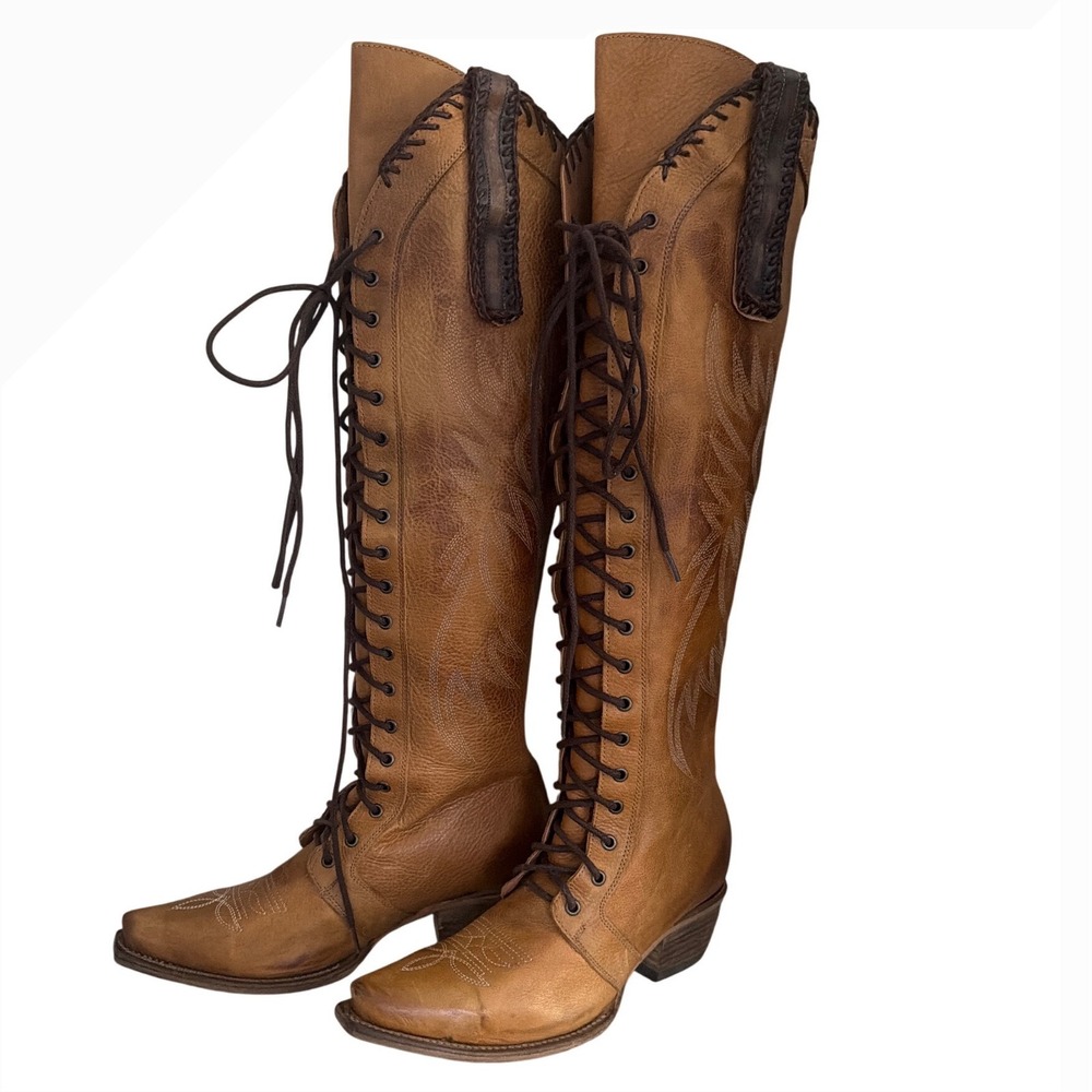 Freebird by Steven Wilder Tan Leather Lace Up Back Zip Tall Western Boots 11